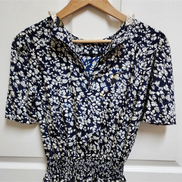 Vintage Stuart Alan Dress 8 Navy Floral Lace Peter Pan Collar Smocked Waist - Picture 6 of 11